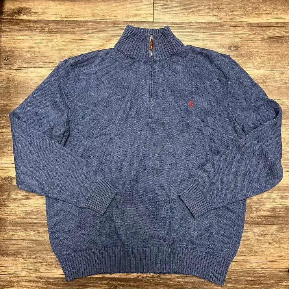 Polo Ralph Lauren Cotton Quarter Zip Sweater XXL Blue Pony Mock Neck Old Money - Picture 4 of 13